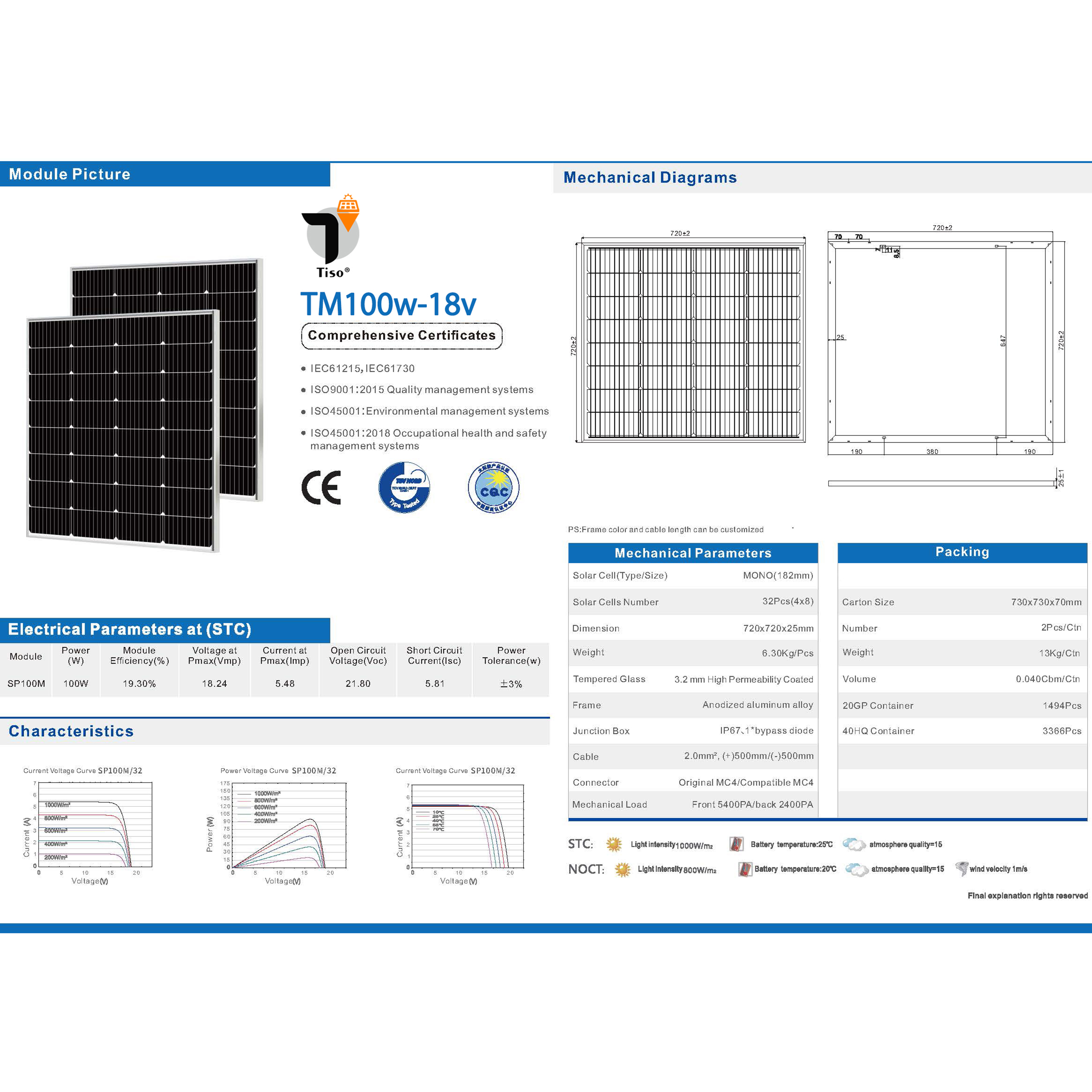 پنل خورشیدی تیسو مدل TM100W-18V ظرفیت 100 وات پنل خورشیدی تیسو مدل TM100W-18V ظرفیت 100 وات